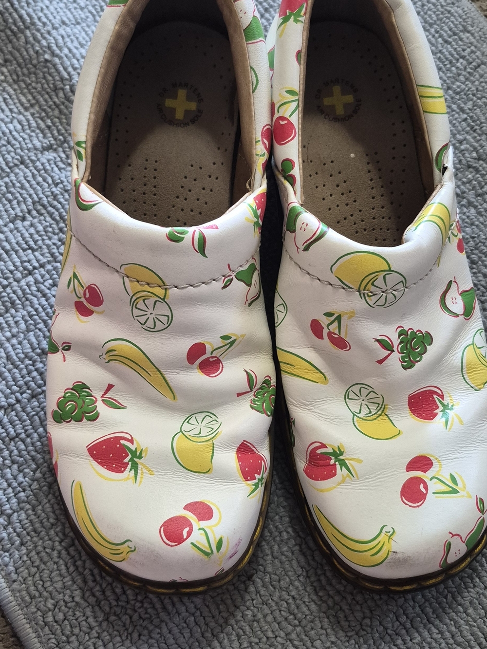 Dr. Martens White Leather Fruit-Print Slip-On Mules